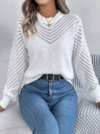 Women Casual Solid Color Crew Neck Hollow Out Lantern Sleeve Sweater
