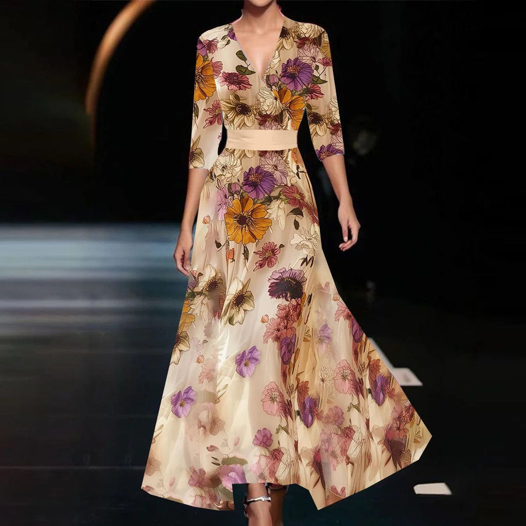 Summer V-neck Split Short-sleeved Dress Fashion Flower Print A-line Long Dresses Party Club Beach Clothing For Women