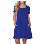 New Women's Round-neck Solid-color Casual Short-sleeve Swing Dress With Pockets