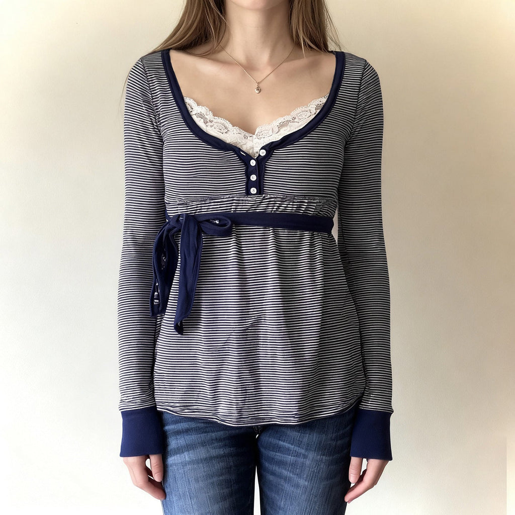 Lace-trimmed Faux Two-piece Striped High-waist Long-sleeve Versatile Top