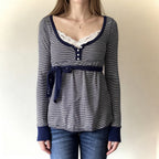 Lace-trimmed Faux Two-piece Striped High-waist Long-sleeve Versatile Top