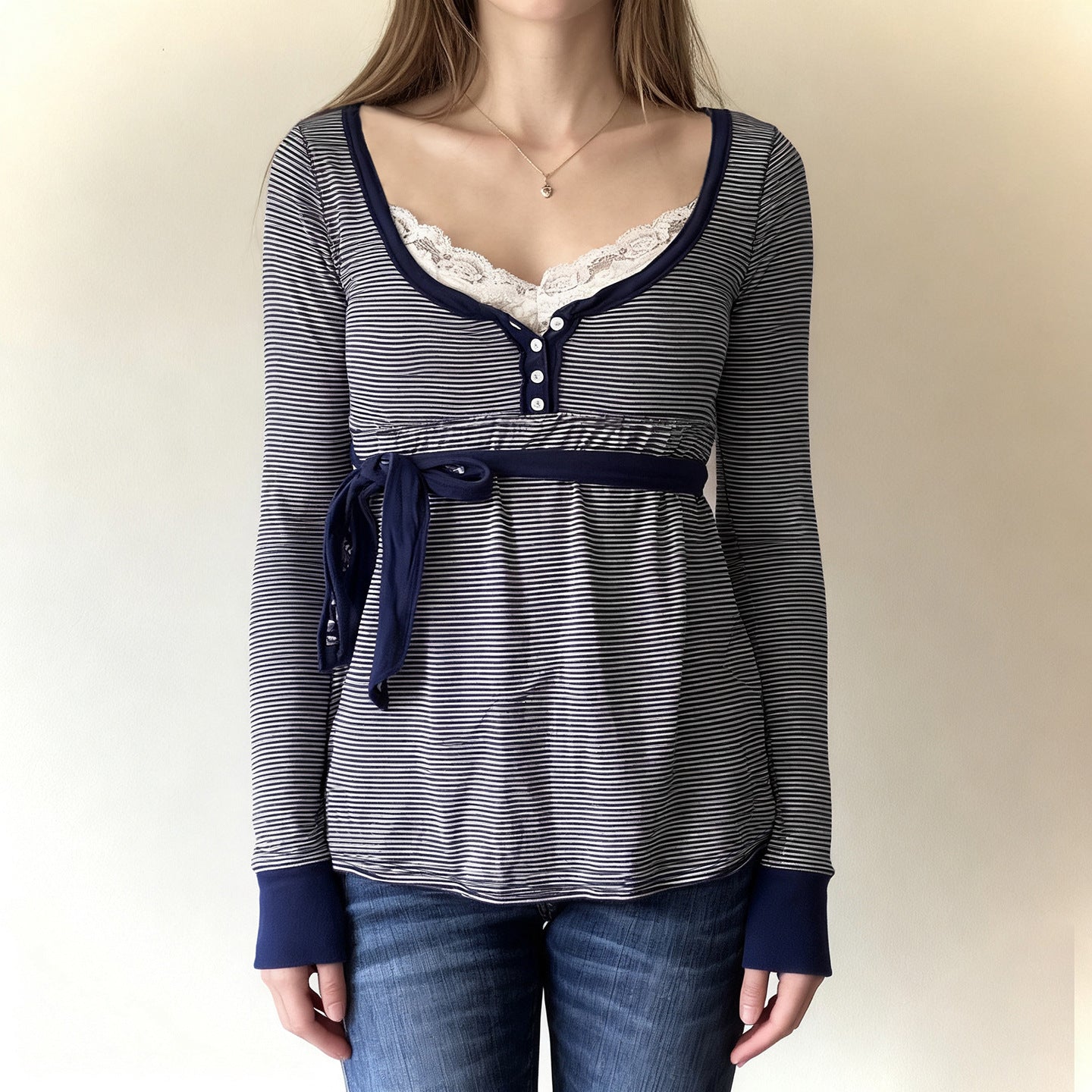Lace-trimmed Faux Two-piece Striped High-waist Long-sleeve Versatile Top