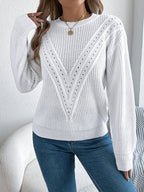 Women Casual Solid Color V-Neck Hollow Out Lantern Sleeve Pullover Sweater