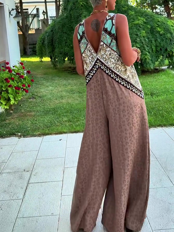 Ethnic Print Paneled Sleeveless Wide-Leg Jumpsuit