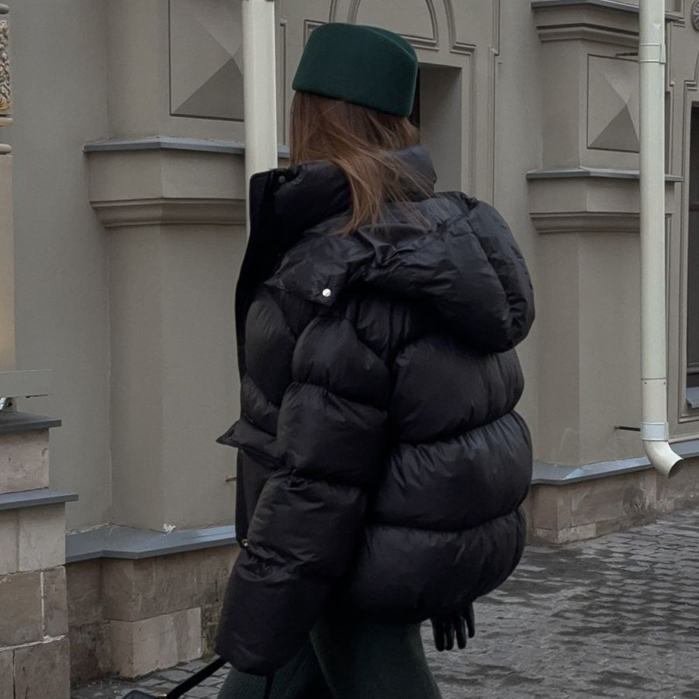 Women's Cottonpadded Overcoat Jacket Square Pocket Cushion Warm Hooded Cotton