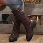 Round Toe Rivet Belt Buckle Square Heel Boots