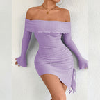 Women's Solid Color One Shoulder Flared-sleeve Bodycon Dress