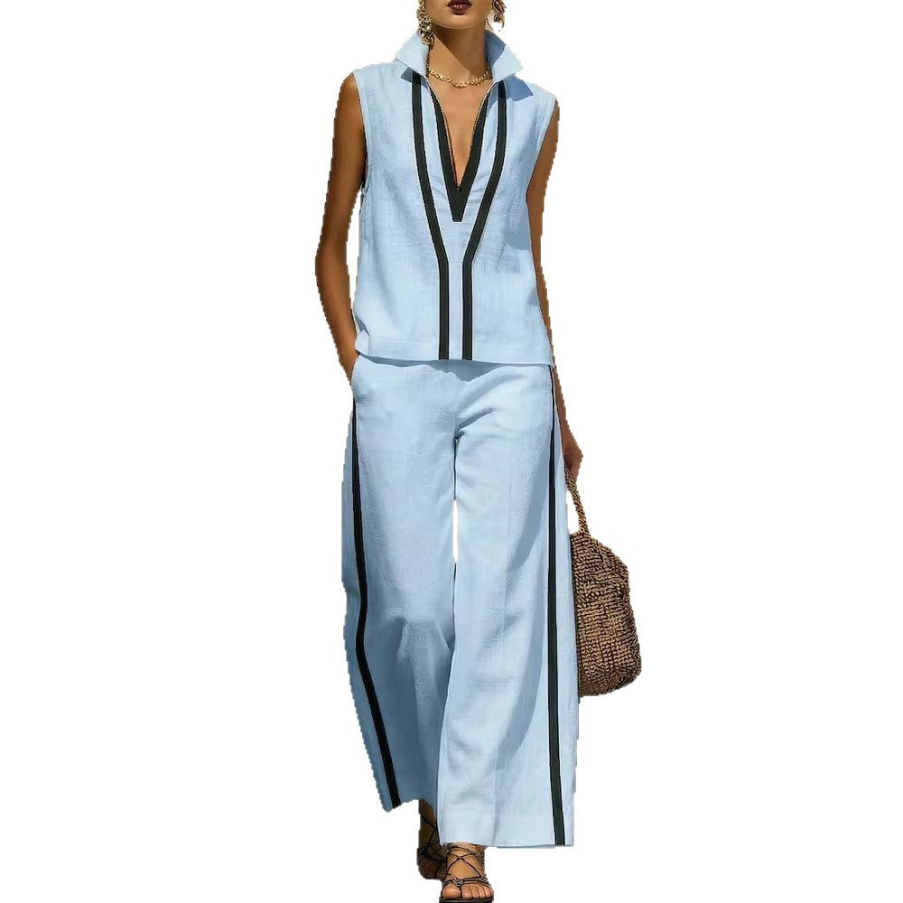 Womens Contrasting-Color Sleeveless Single-Breasted Vest And Drawstring Pants Set