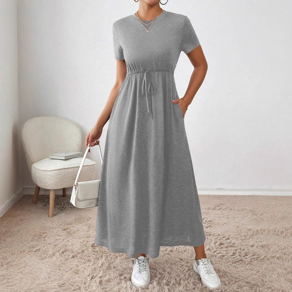 Women's Solid-Colored Short-Sleeve Drawstring Dress With Side Pockets