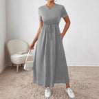 Women's Solid-Colored Short-Sleeve Drawstring Dress With Side Pockets
