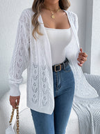 Women Casual Solid Color Hollow Out Long Sleeve Cardigan Sweater Coat