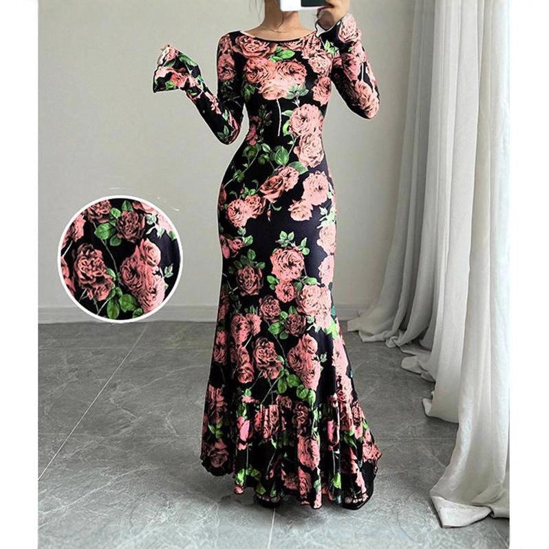 Elegant And Slim-fitting Round Neck Rose Floral Flared Sleeve Bodycon Dress