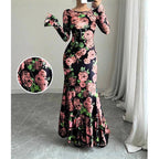 Elegant And Slim-fitting Round Neck Rose Floral Flared Sleeve Bodycon Dress