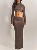 Mocha Rhinestone-Embellished Crop Top Maxi Dress