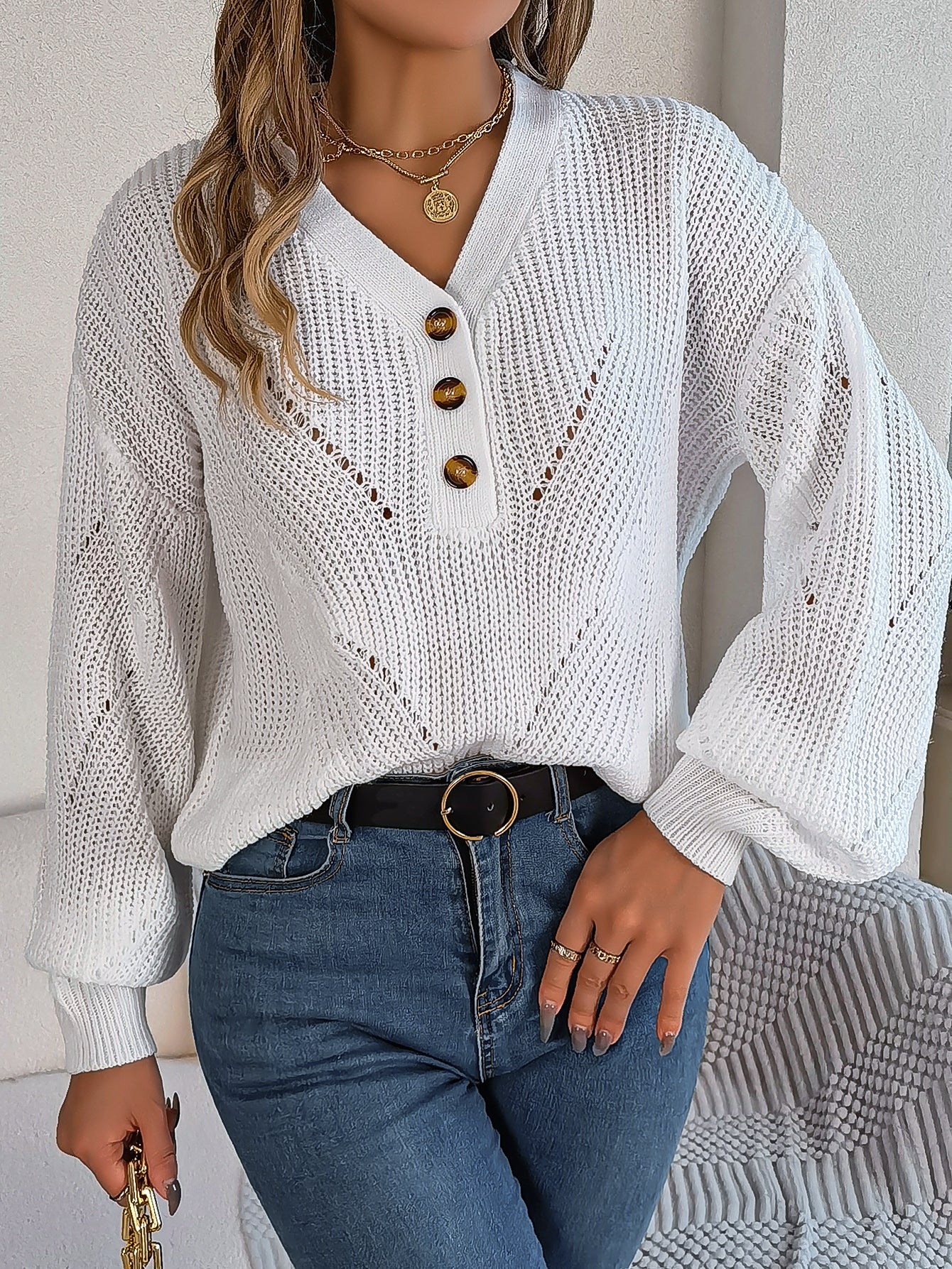 Women Hollow Out V-Neck Button Lantern Sleeve Pullover Sweater