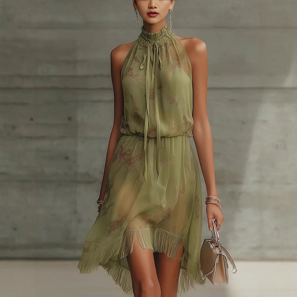 V-neck Waist Trimming Ruffles Elegant Dress