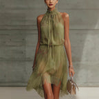 V-neck Waist Trimming Ruffles Elegant Dress