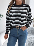 Women Casual Hollow Out Color Block Stripe Lantern Sleeve Pullover Sweater