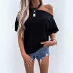 Women's Solid-color Patchwork Off-shoulder Crew-neck Top