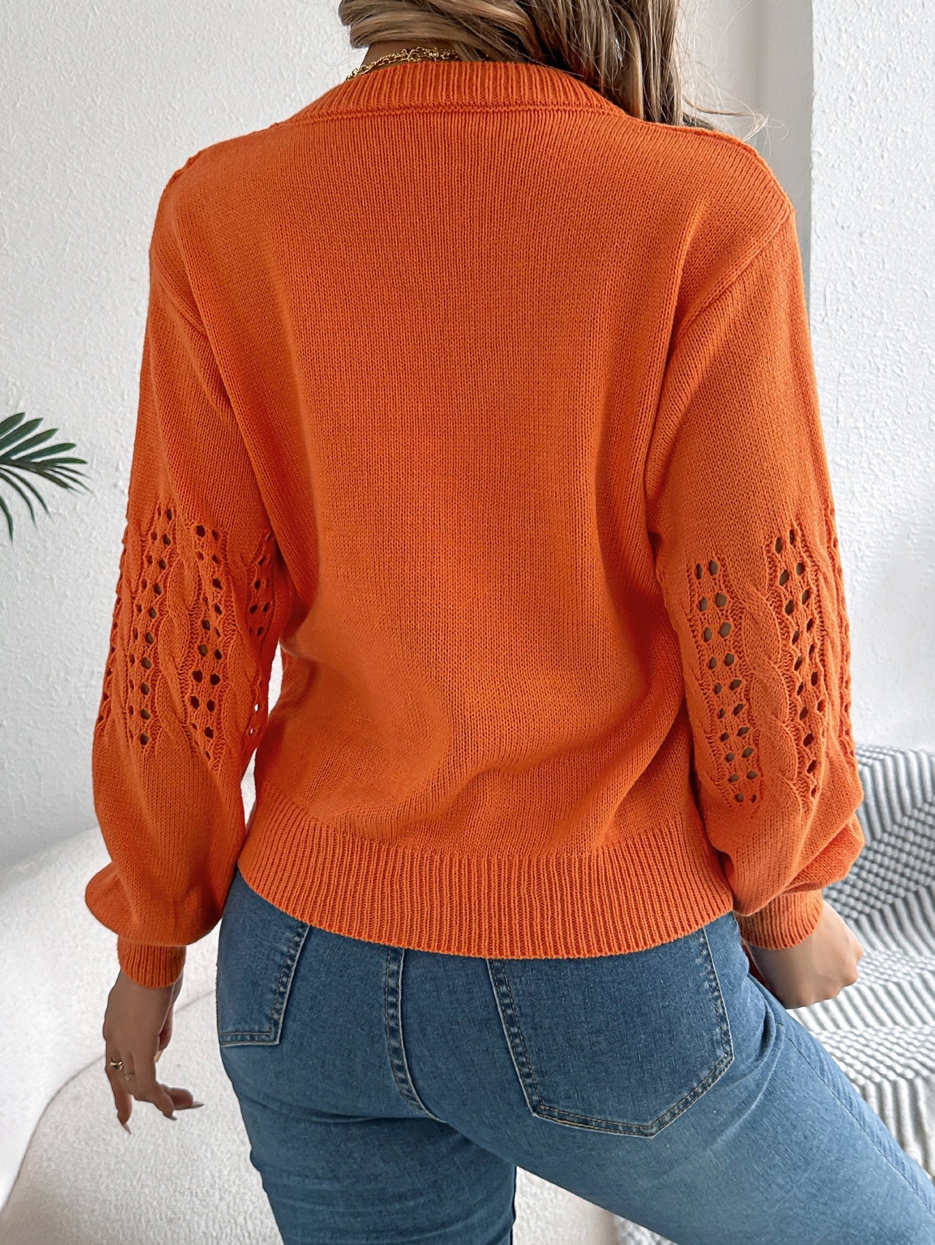 Women Casual Solid Color Hollow Out Lantern Sleeve Pullover Sweater