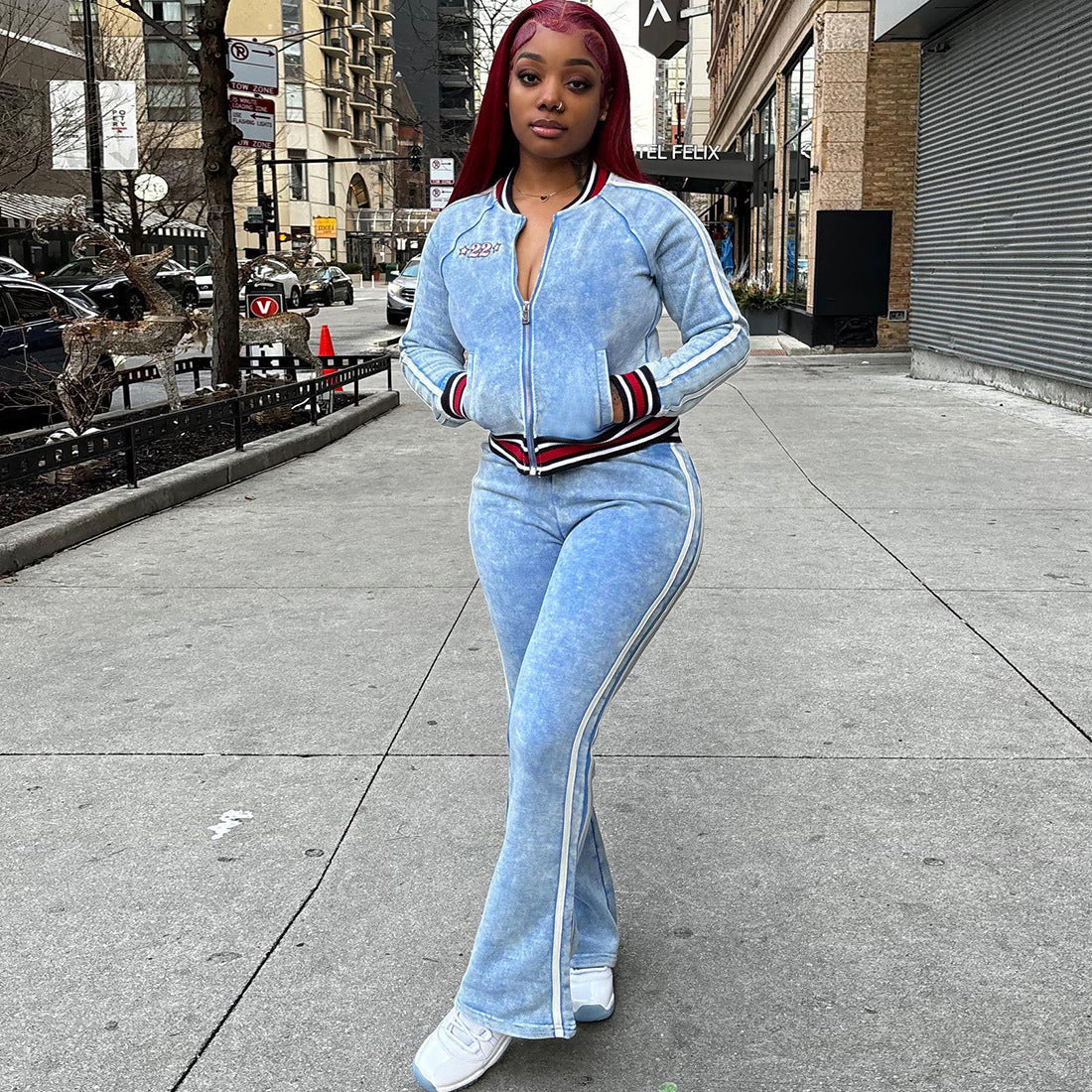 Striped Color-block Long-sleeve Top And Flared-leg Casual Pants Set