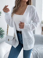 Women Casual Solid Color Hollow Out Lantern Sleeve Mid-Length Cardigan Sweater