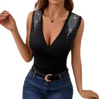 Ruched Rhinestone Sleeveless Tank Top Slim-fit T-shirt Flattering Top For Women