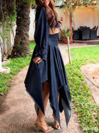 Chic Long-sleeved Cropped Jacket & Irregular Hem Denim Skirt Set
