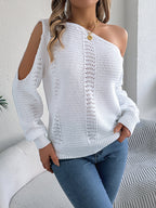 Women Casual Solid Color Hollow Out Off-Shoulder Long Sleeve Pullover Sweater