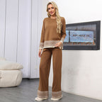 Women's Versatile Crew-neck Jacquard Top And Wide-leg Trousers Set