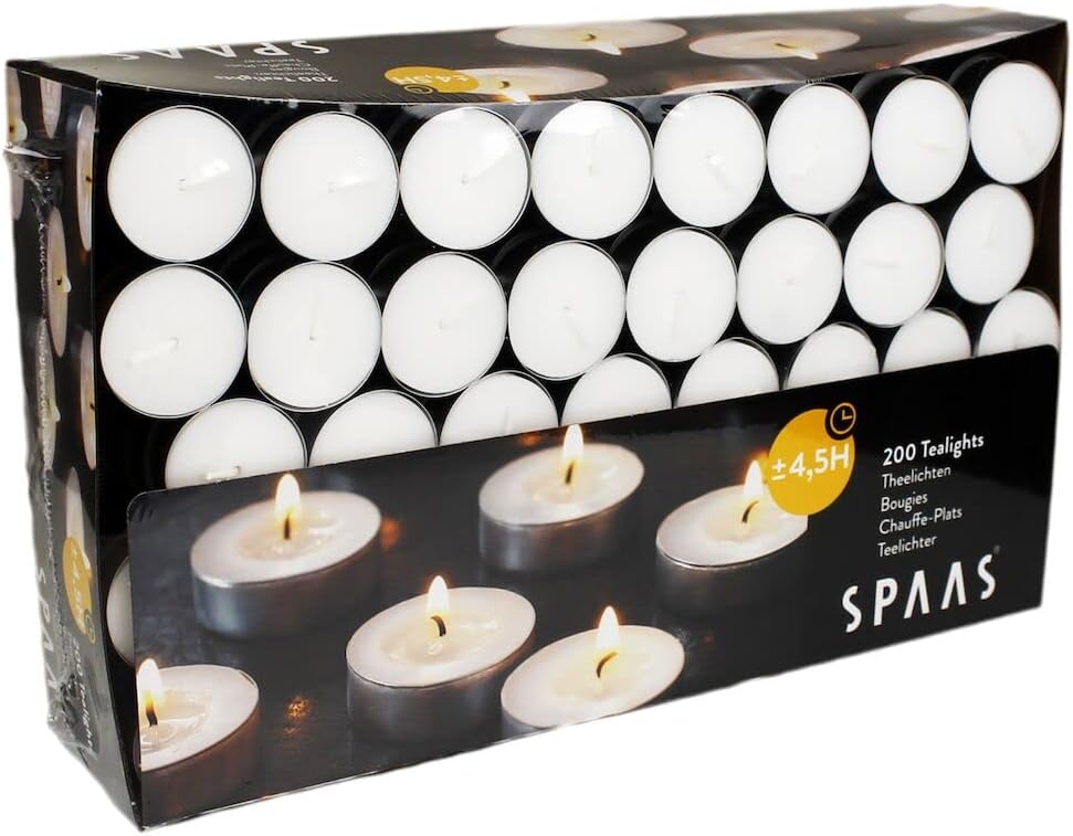 Spaas Tealights Box x200, White. New but scruffy packaging.
