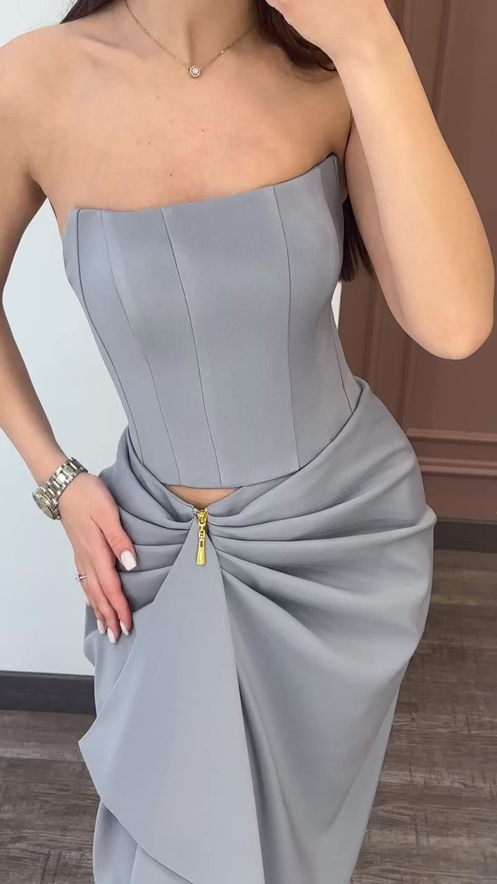 Strapless Top & Pleated Long Skirt Suit