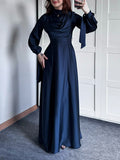 Women's Satin Plunge Neck Long Sleeve Maxi Dress - Elegant Evening Gown