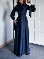 Women's Satin Plunge Neck Long Sleeve Maxi Dress - Elegant Evening Gown