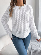 Women Casual Solid Color Cable Knit Lantern Sleeve Irregular Pullover Sweater