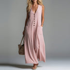 Women's Stylish & Elegant Solid-Color V-Neck Button-Up Dress