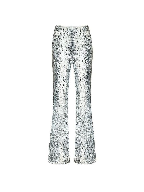 Low Rise Snake Print Sequin Slim Fit Flared Pants