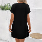 Women's Solid-color Loose-fitting Round-neck Dress With Pockets