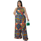 Women's Casual Halterneck Printed Jumpsuit With Belt Plus Size