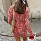 New AutumnWinter French-style Retro Floral Print Deep-V Neck Dress