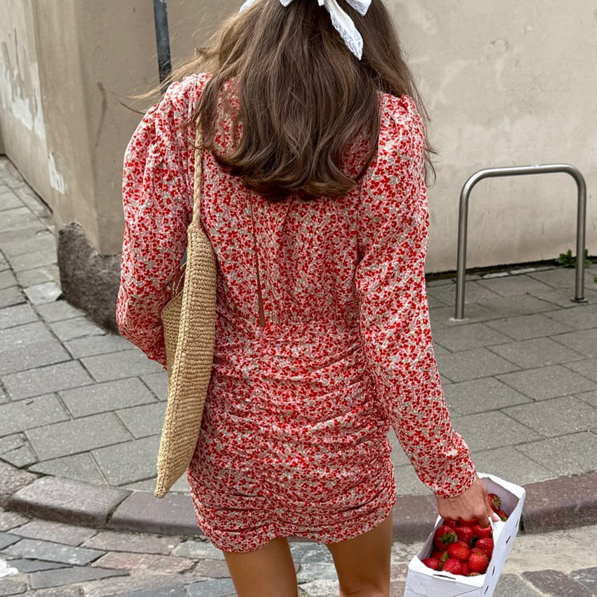 New AutumnWinter French-style Retro Floral Print Deep-V Neck Dress
