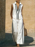 Womens Contrasting-Color Sleeveless Single-Breasted Vest And Drawstring Pants Set
