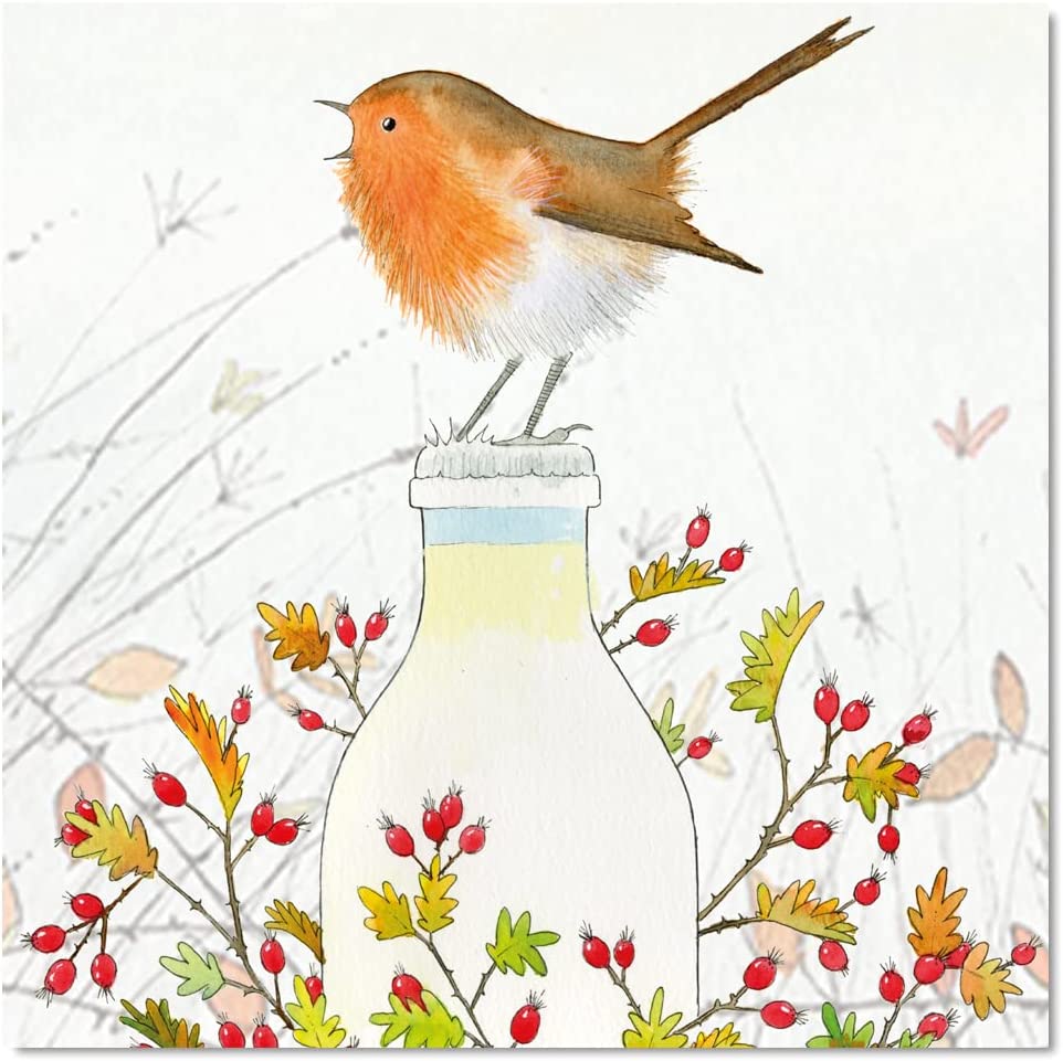 Little Christmas Robin on Milk Bottle - Pack of 6 Christmas Greeting Cards and Envelopes - 12.5cm
