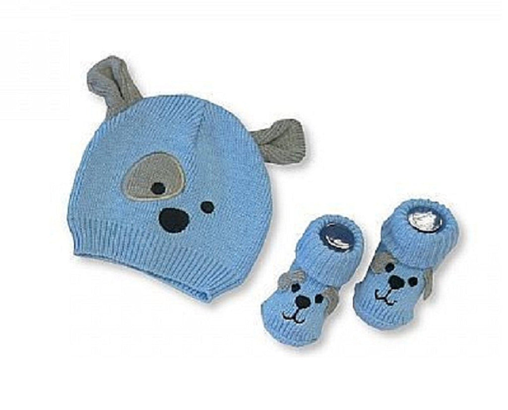 Baby, Boys, Girls, Knitted Hat and Booties Set Pink Cat Sky Blue Dog 100% Cotton (Embroidered)