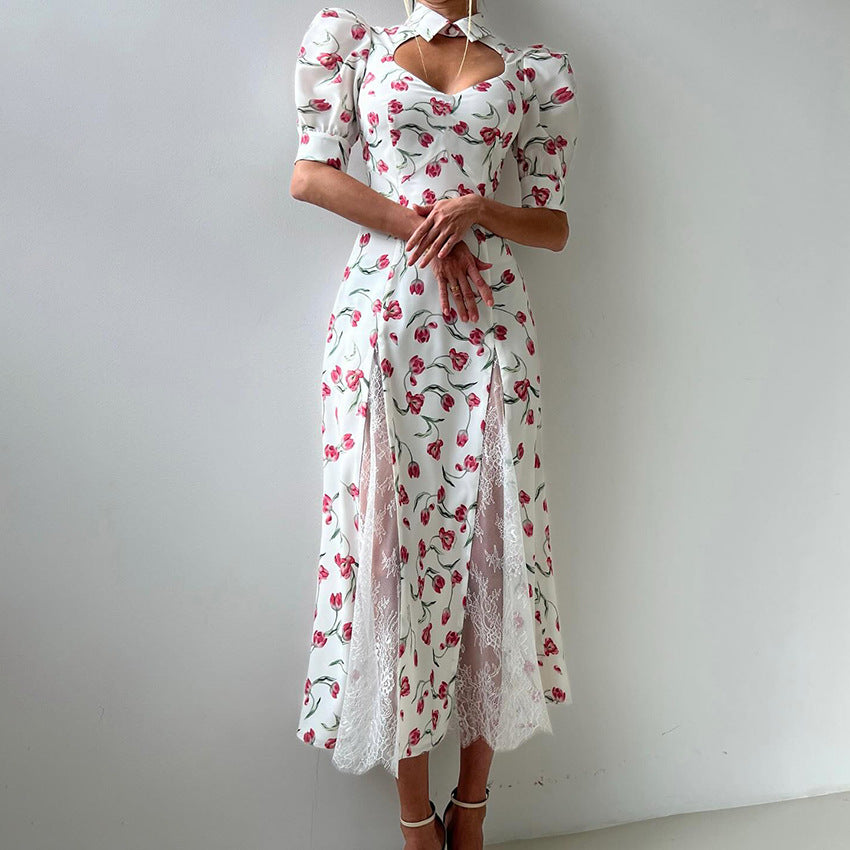 New Summer Design Elegant Lace-embellished, Waist-cinching Maxi Dress