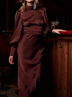 Brown Backless Long-sleeved Dress