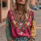 Women's Casual Vintage Bohemian V-neck Top With Ethnic-style Long Sleeves