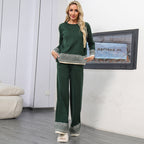 Women's Versatile Crew-neck Jacquard Top And Wide-leg Trousers Set