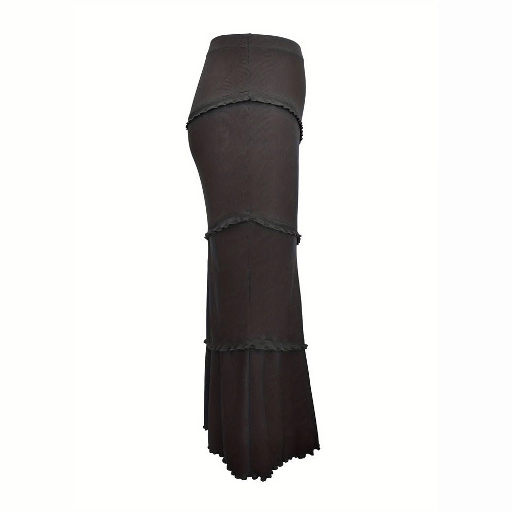 Womens Solid-Color Multi-Layer Patchwork Ruffle-Trim Knitted Fishtail Skirt