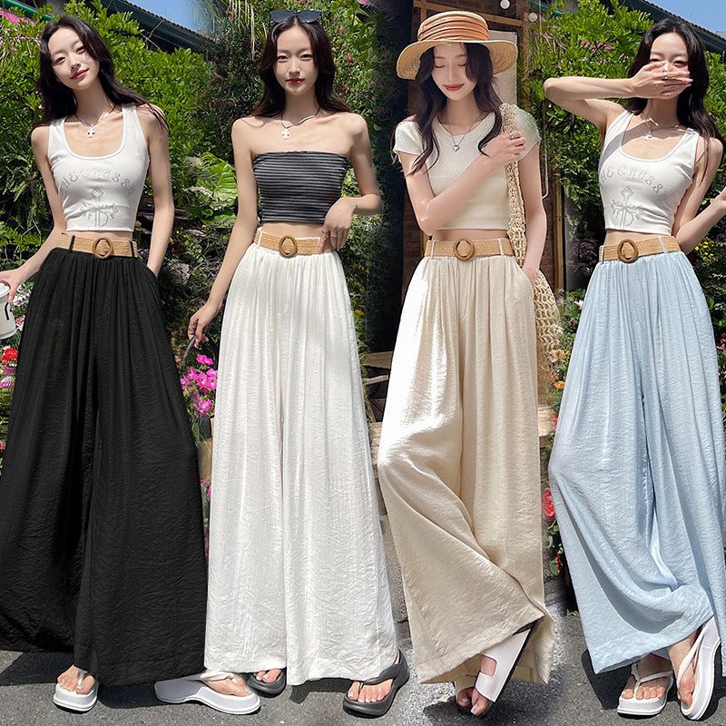 Linen Thin Casual Floor-length Pants For Women With Belt